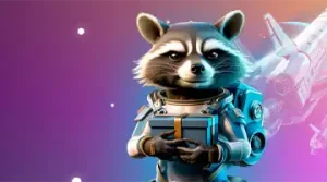 Изображение енота в солнечных очках с скипетром, празднующего с воздушными шарами и золотыми монетами, символизирующее приветственный бонус в Битз Казино.